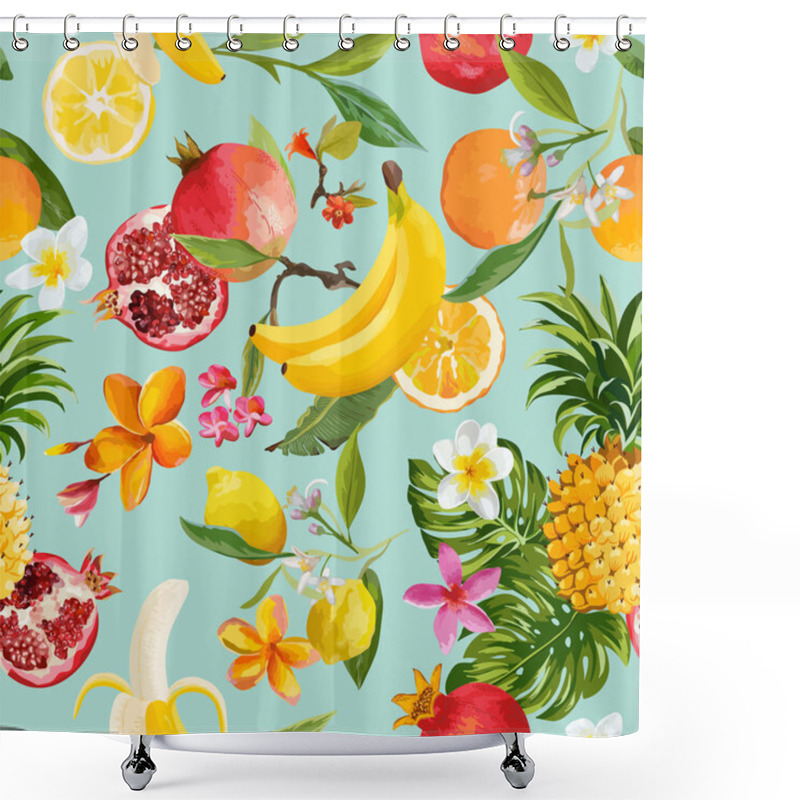 Personality  Seamless Tropical Fruits Pattern. Exotic Background With Pomegranate, Lemon, Flowers And Palm Leaves For Wallpaper Shower Curtains