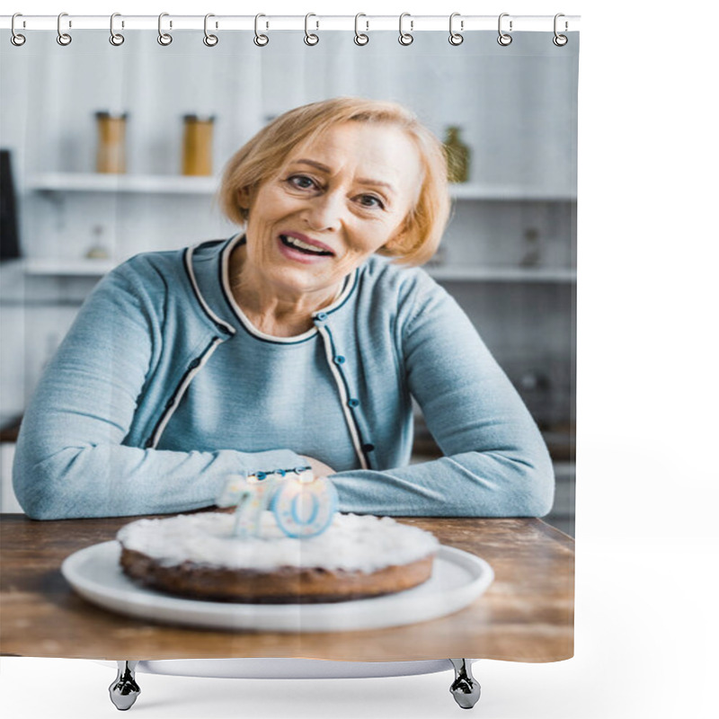 Personality  Senior Woman Sitting At Table And Looking At Camera Cake With '70' Sign During Birthday Celebration At Home Shower Curtains