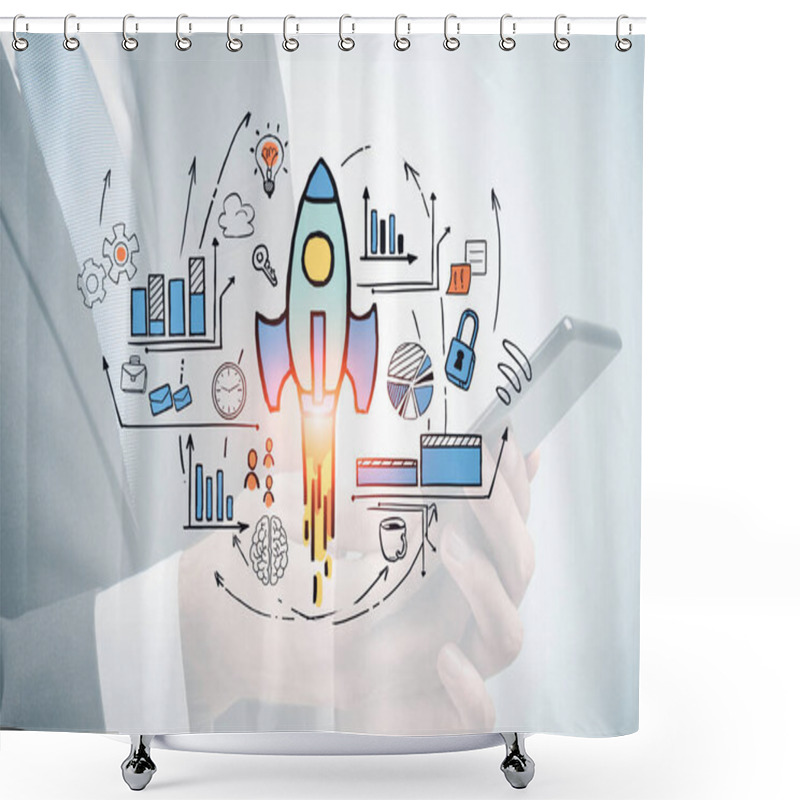 Personality  Hands Of Businessman Using Smartphone Over Blurry White Background With Double Exposure Of Colorful Startup Sketch. Concept Of New Project Launch. Toned Image Shower Curtains