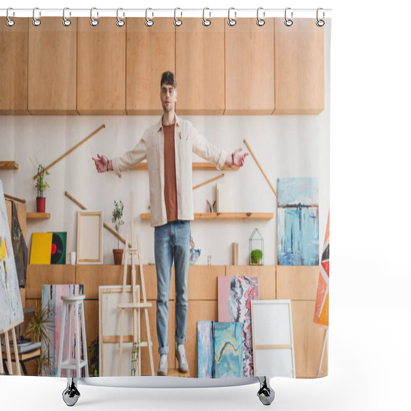 Personality  Handsome Artist Standing On Chair In Spacious Light Painting Studio Shower Curtains