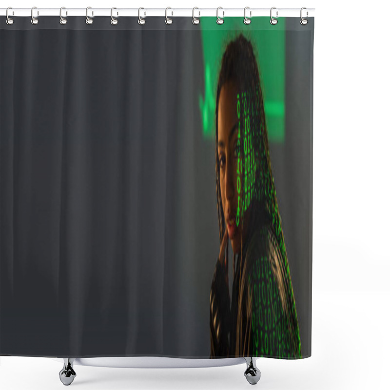 Personality  Trendy African American Woman With Projection Of Binary Code On Grey Background, Banner  Shower Curtains