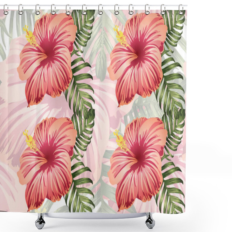 Personality  Tropical Pattern. Red Pink Green Exotic Summer Flower Vector Background. Beauty Fasion Monstera, Palm Leaves And Hibiscus Flowers. Hawaiian Tropic Jungle Endless Print. Natural Swimwear Design. Shower Curtains