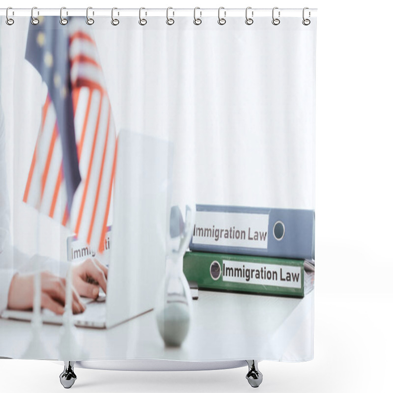 Personality  Selective Focus Of Woman Typing On Laptop Near Hourglass And American Flag Shower Curtains