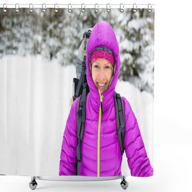 Personality  Happy Woman Walking In Winter Forest With Backpack Shower Curtains