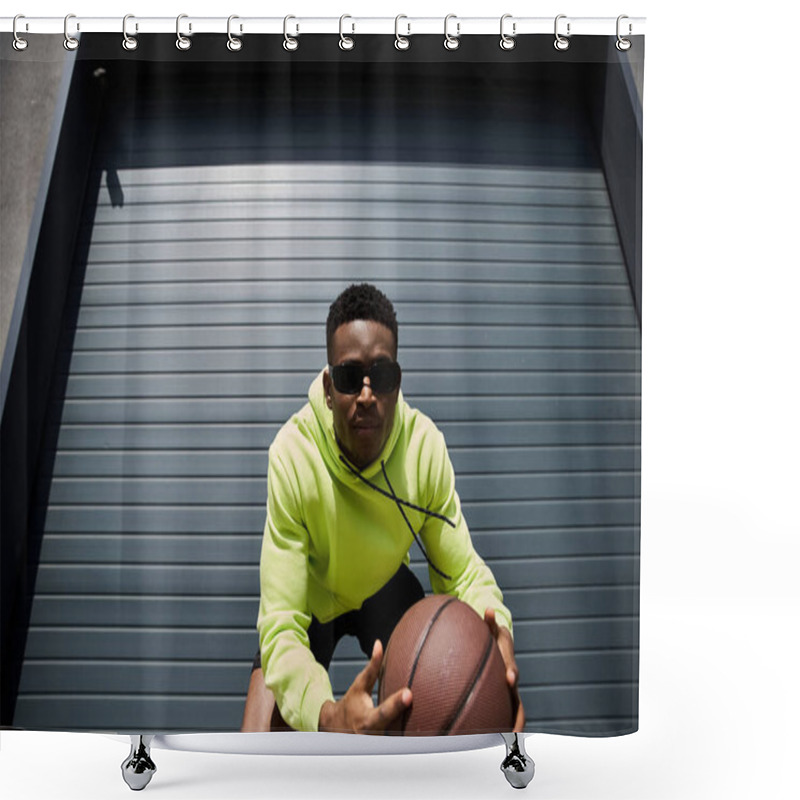 Personality  African American Man In Yellow Hoodie Holding Basketball. Shower Curtains