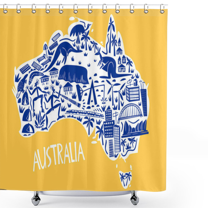 Personality  Vector Hand Drawn Stylized Map Of Australia. Travel Illustration Of Commonwealth Of Australia Landmarks. Hand Drawn Lettering Illustration. South Lands Map Element Shower Curtains