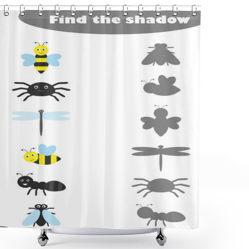 Personality  Find The Shadow, Game With Insects For Children In Cartoon Style, Education Game For Kids, Preschool Worksheet Activity, Task For The Development Of Logical Thinking, Vector Illustration Shower Curtains