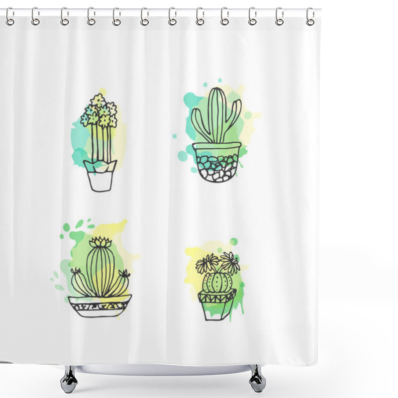 Personality  Succulent Illustration. Vector Cactus Hand Drawn Set With Paint Splashes. Cacti And In Door Plants In Pots. Shower Curtains