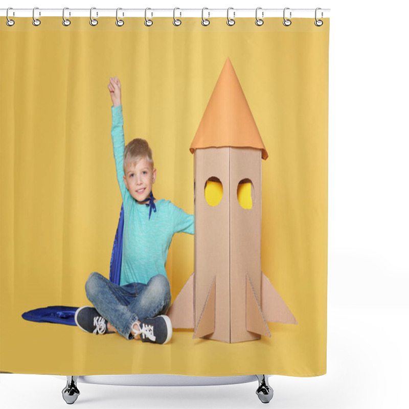 Personality  Little Child In Cape Playing With Rocket Made Of Cardboard Box On Yellow Background Shower Curtains