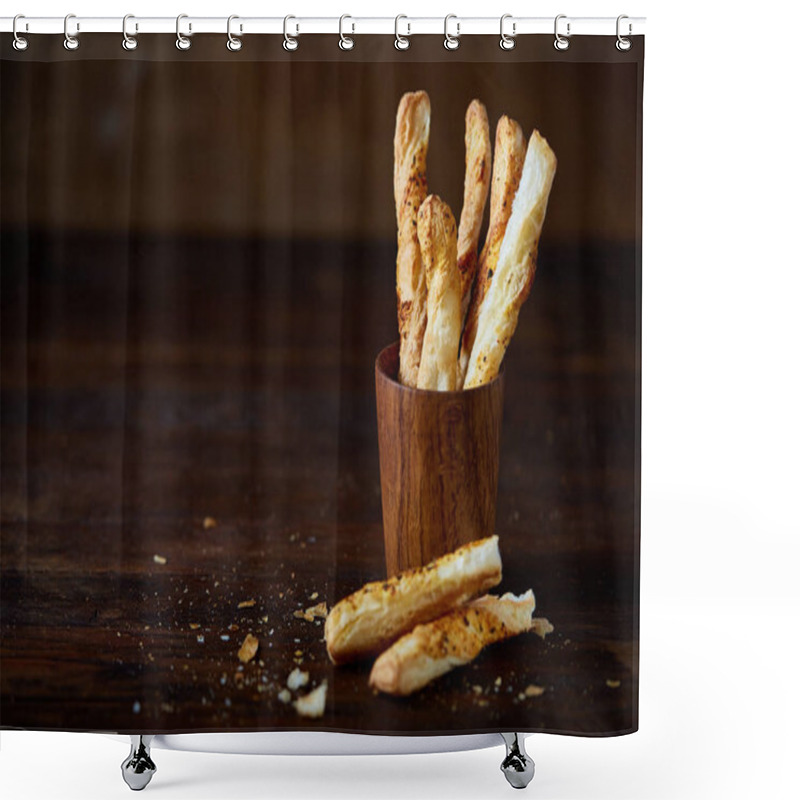 Personality  Puff Pastries On Dark Wooden Table, Close-up, Selective Focus, Backlight. Shower Curtains