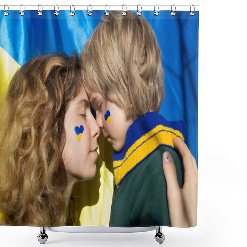 Personality  Faces Of Boy Child And Young Woman With Painted Yellow - Blue Heart On Cheeks. Family, Unity, Support. Ukrainians Are Against War. Request For Help To World Community.Caring For Each Other Shower Curtains