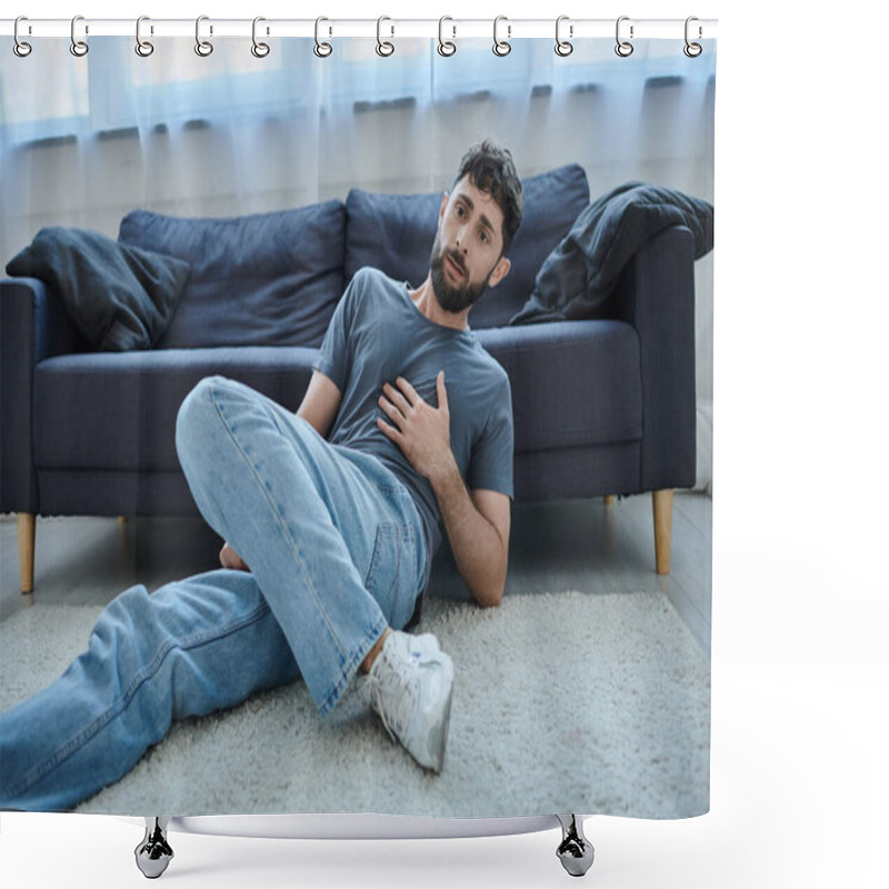 Personality  Anxious Traumatized Man In Casual Home Wear Having Severe Panic Attack, Mental Health Awareness Shower Curtains