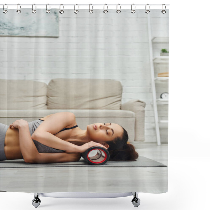 Personality  Relaxed Young Woman In Sportswear Closing Eyes While Massaging Neck With Modern Roller Massager On Fitness Mat At Home, Sense Of Tranquility And Promote Relaxation Concept, Myofascial Release Shower Curtains