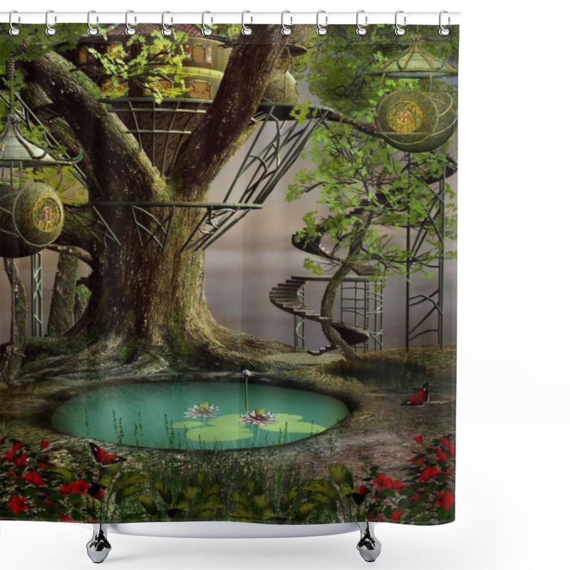 Personality  Tree House By A Green Pond  3D Illustration Shower Curtains