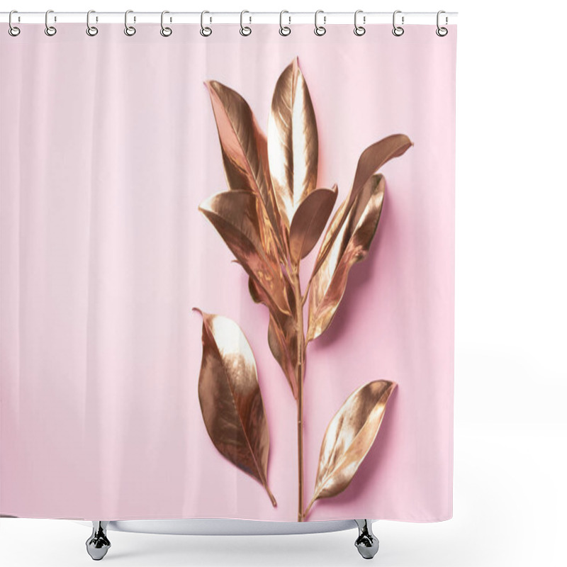 Personality  Floral Minimal Style Concept. Exotic Summer Trend. Golden Tropical Leaves And Branch On Pastel Pink Color Background. Shiny And Sparkle Design, Fashion Concept. Shower Curtains