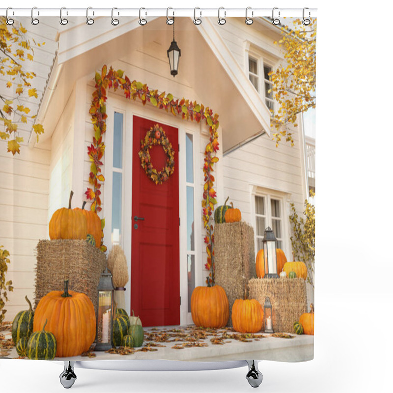 Personality  Autumn Decorated House With Pumpkins And Hay. 3d Rendering Shower Curtains