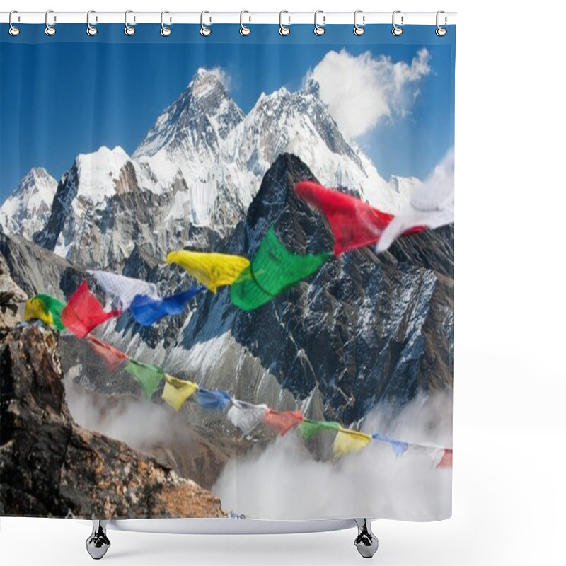 Personality  View Of Everest From Gokyo Ri With Prayer Flags - Nepal Shower Curtains