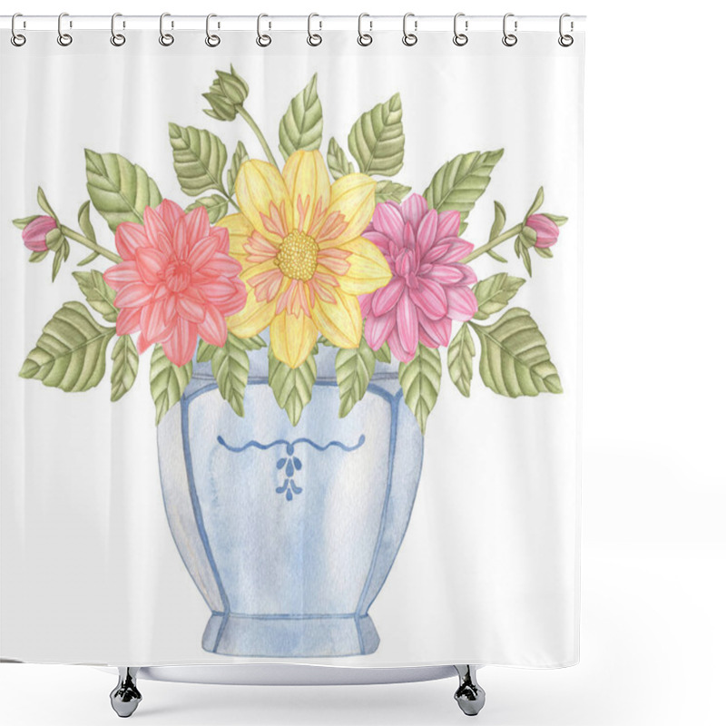 Personality  Watercolor Bouquet Of Dahlia Flowers And Leaves In Blue Ctramic Vase Isolated On A White Background. Shower Curtains