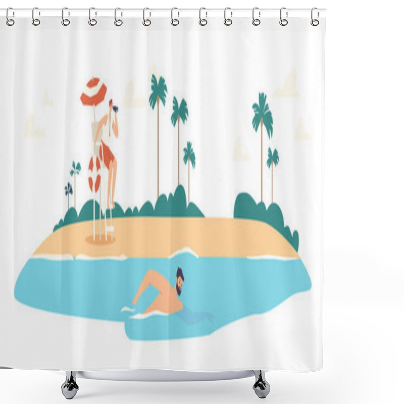 Personality  Lifeguard Male Character In Red Shorts Looking In Binoculars On Swimming Man. Rescue Sitting On High Chair With Lifebuoy Shower Curtains