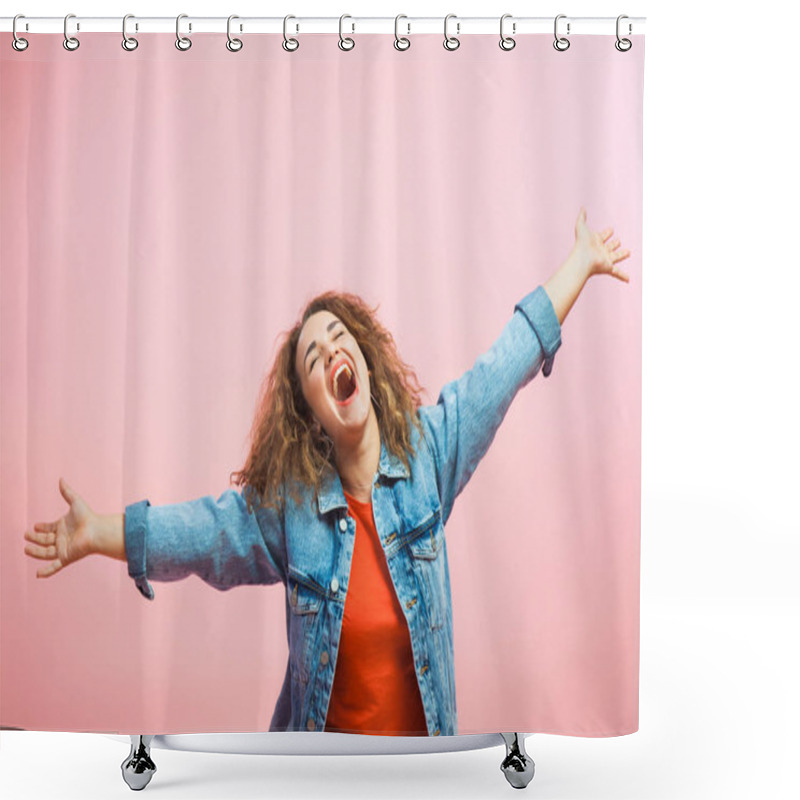 Personality  Young Woman In Jeans Coat Freedom And Happiness Shower Curtains