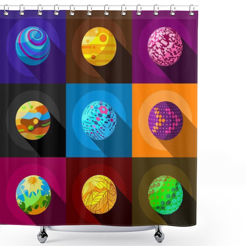 Personality  Alien Planets Icons Set, Flat Style Shower Curtains