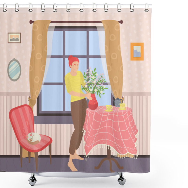 Personality  Sweet Home Woman In House With Houseplant Vector Shower Curtains