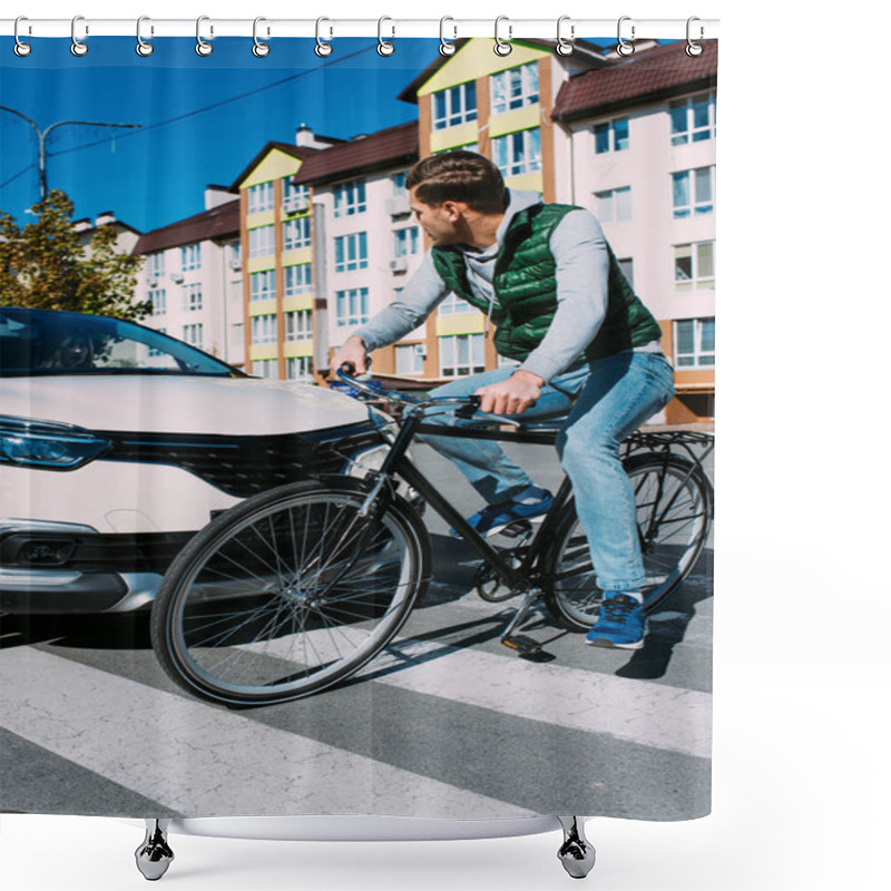 Personality  Man On Bicycle Crossing Road While Driver In Car Waiting  Shower Curtains