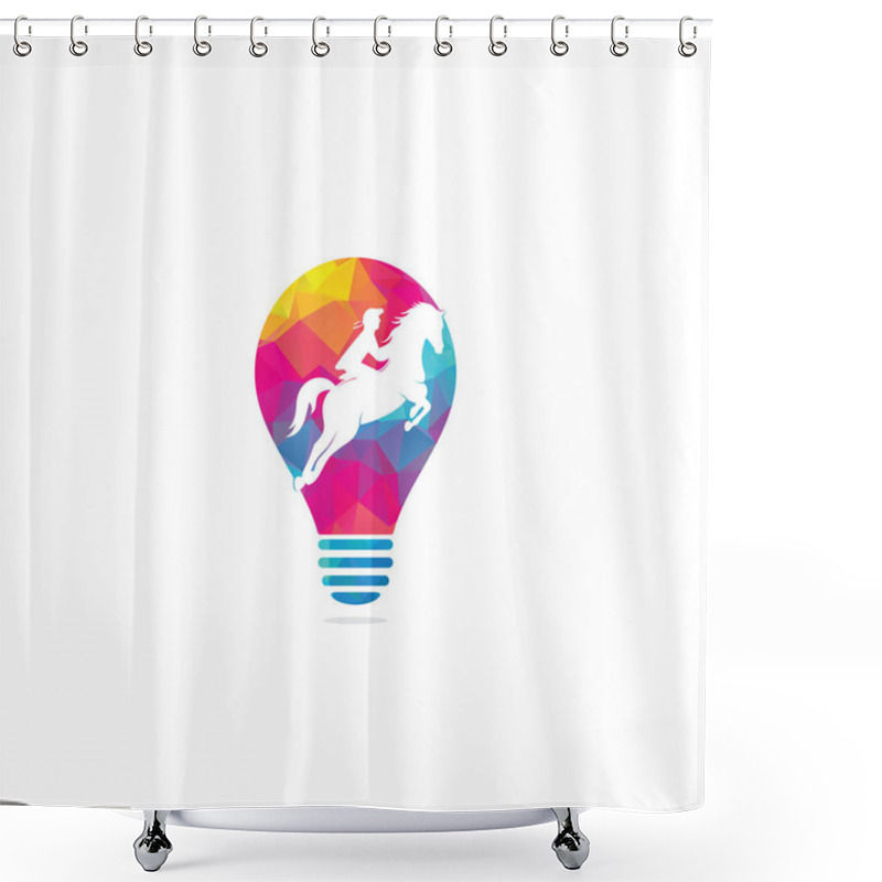 Personality  Racing Horse With Jockey Bulb Shape Concept Logo Design Icons. Equestrian Sport Logo. Jockey Riding Jumping Horse. Horse Riding Logo. Shower Curtains