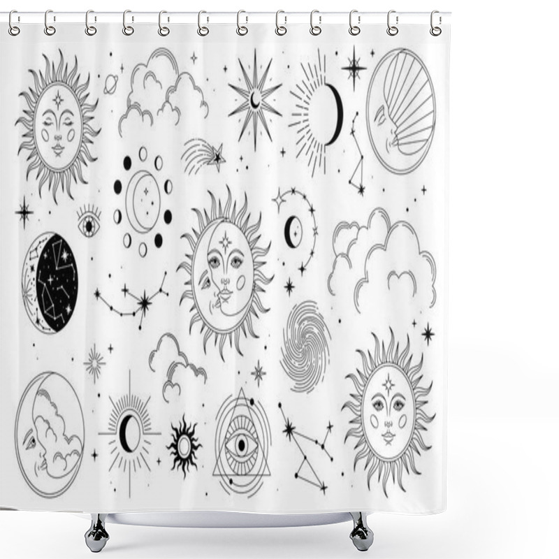 Personality  Set Of Sun, Moon, Stars, Clouds, Constellations And Esoteric Symbols. Alchemy Mystical Magic Elements For Prints, Posters, Illustrations And Patterns. Black Spiritual Occultism Objects Shower Curtains