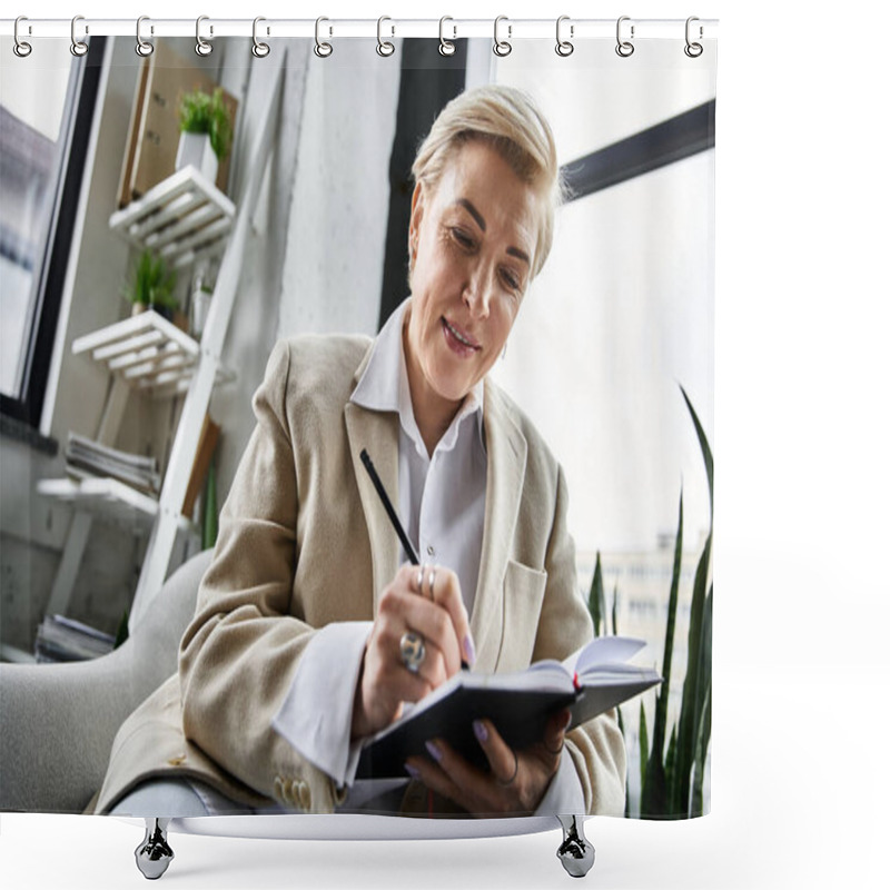 Personality  A Sophisticated Woman Writes Intently In A Notebook While Surrounded By Plants And Natural Light. Shower Curtains