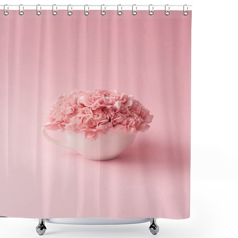 Personality  Beautiful Tender Pink Carnation Flowers In White Cup On Pink Background Shower Curtains