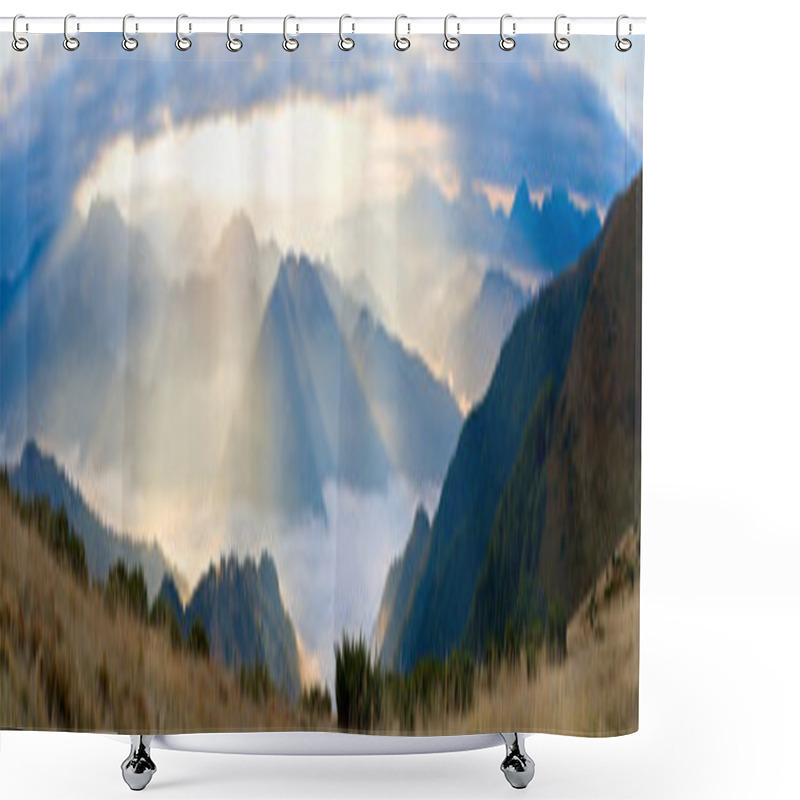 Personality  Mountain Hazy Daybreak With Sunbeam And Haze Shower Curtains