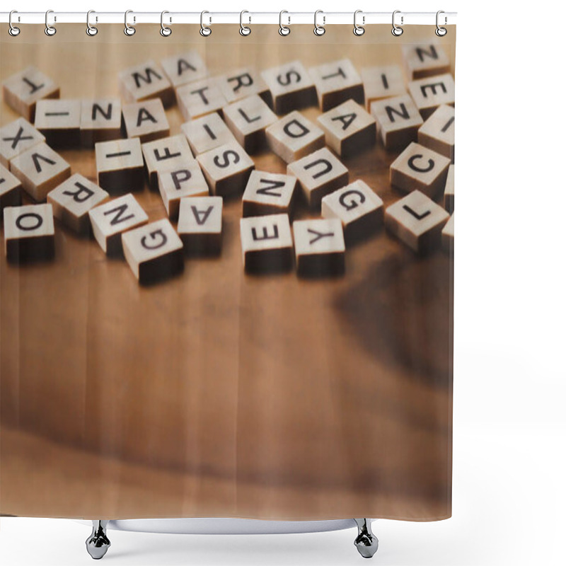 Personality  Blurred Text Dice Cube Background. Abstract Blur. Text Dice Cube Concept / Letter Dices Alphabet On Wooden Background. Block Of Alphabet Studded On The Floor. Vintage Style. Shower Curtains