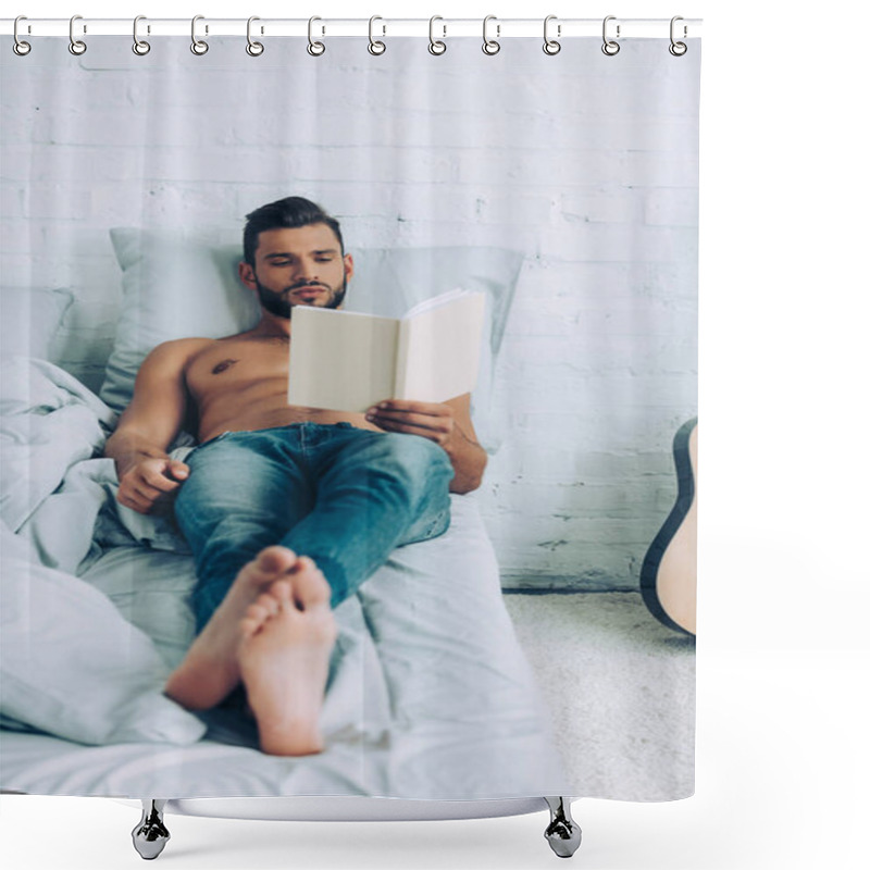 Personality  Focused Shirtless Muscular Man Reading Book During Morning Time In Bedroom At Home Shower Curtains