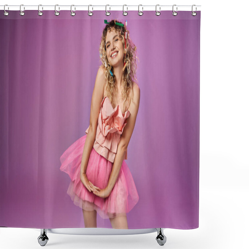 Personality  Cheerful Woman In Tooth Fairy Outfit Smiling Cheerfully At Camera And Posing With Lowered Hands Shower Curtains