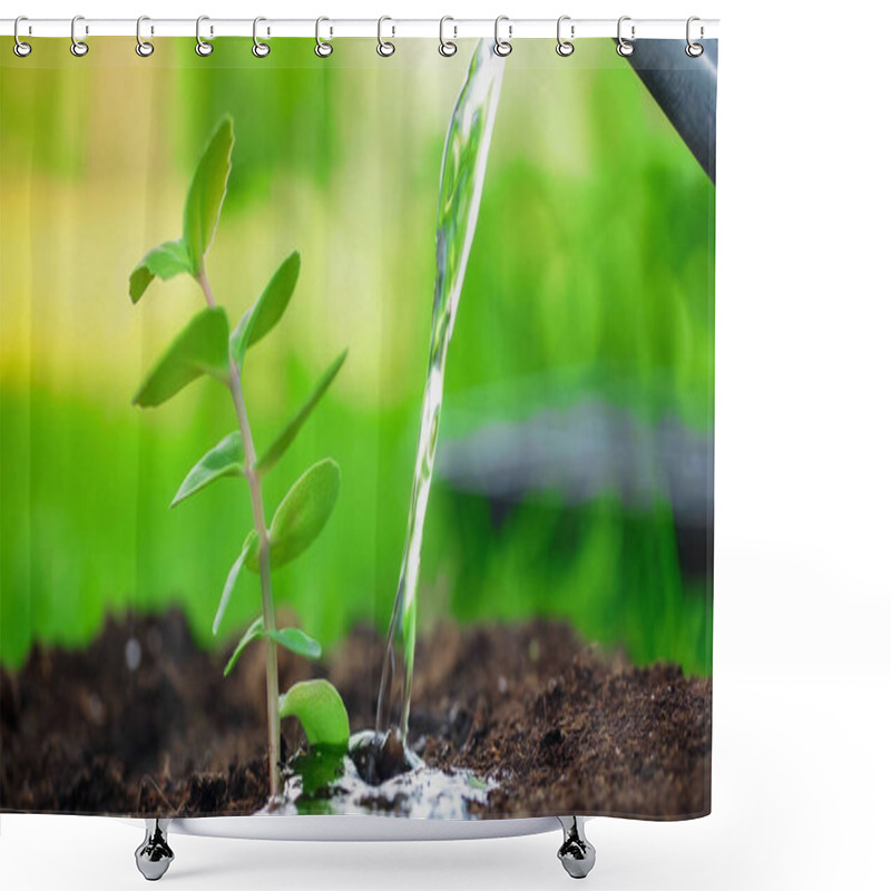 Personality  Close Up View Of Water Near Blurred Plant In Soil In Garden  Shower Curtains