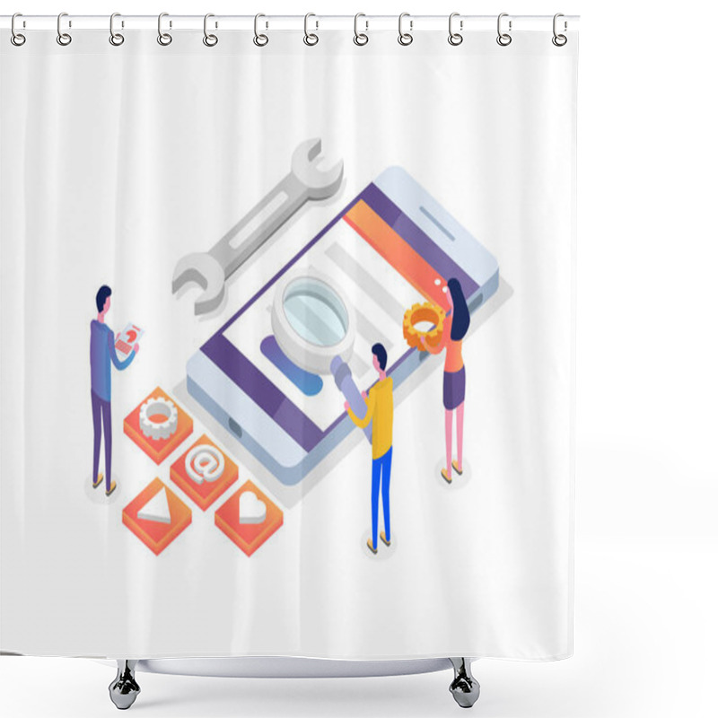 Personality  Mobile App Development Isometric Concept.  Landing Page Template. Vector Illustration. Shower Curtains