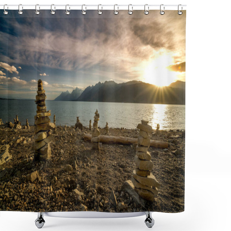 Personality  Stacked Rocks On The Shore Of Jackson Lake In The Tetons At Suns Shower Curtains