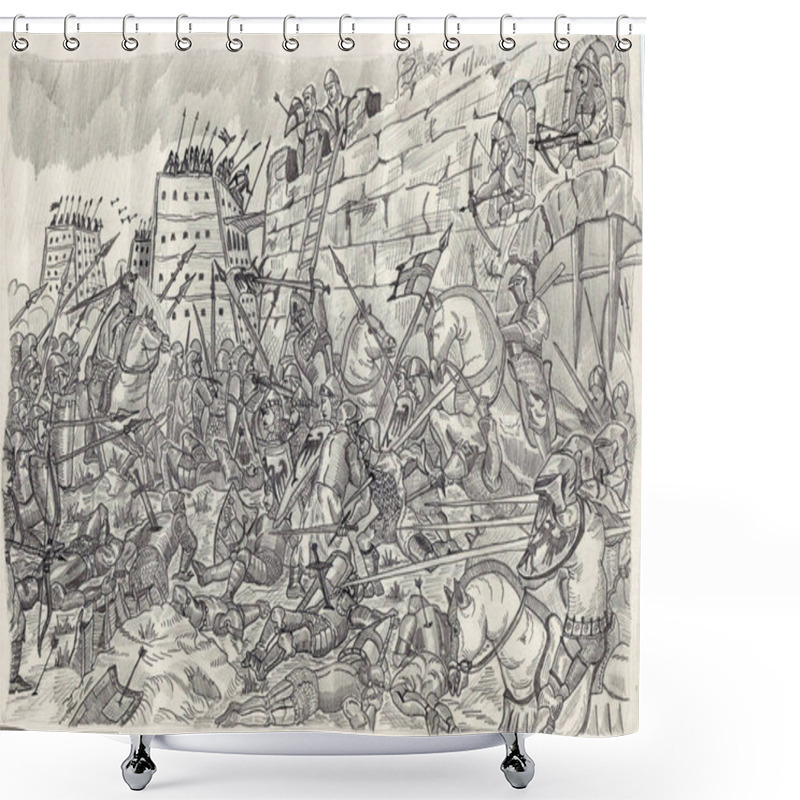 Personality  Drawing Of Atack On The Castle And Battle Of The Knights Near The Gate / Illustrated In Odessa, Ukraine, December 2017 Shower Curtains