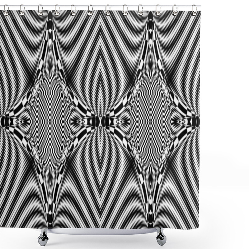 Personality  Seamless Pattern With Hypnotic Trance Texture. Black And White Glitched Background. Op Art Monochrome Abstraction. Psychedelic Trippy Art. Shower Curtains