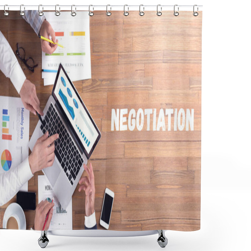 Personality  NEGOTIATION Word Concept On Desk Background Shower Curtains