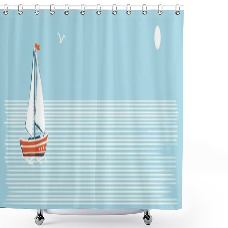 Personality  Horizontal Banner. Illustration In A Marine Retro Minimalist Style. A White Sailboat On White Stripes Of Water With A Blue Background. Shower Curtains