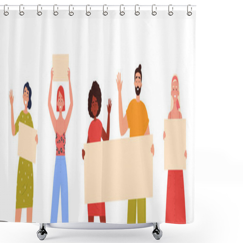 Personality  Set Of Young Men And Women Holding Blank Banner Shower Curtains