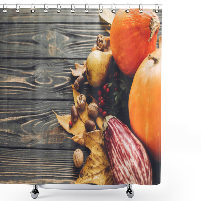 Personality  Beautiful Pumpkin With Bright Autumn Leaves, Acorns, Nuts, Berries On Wooden Rustic Table. Space For Text. Cozy Fall Season. Happy Thanksgiving Concept. Atmospheric Image Shower Curtains