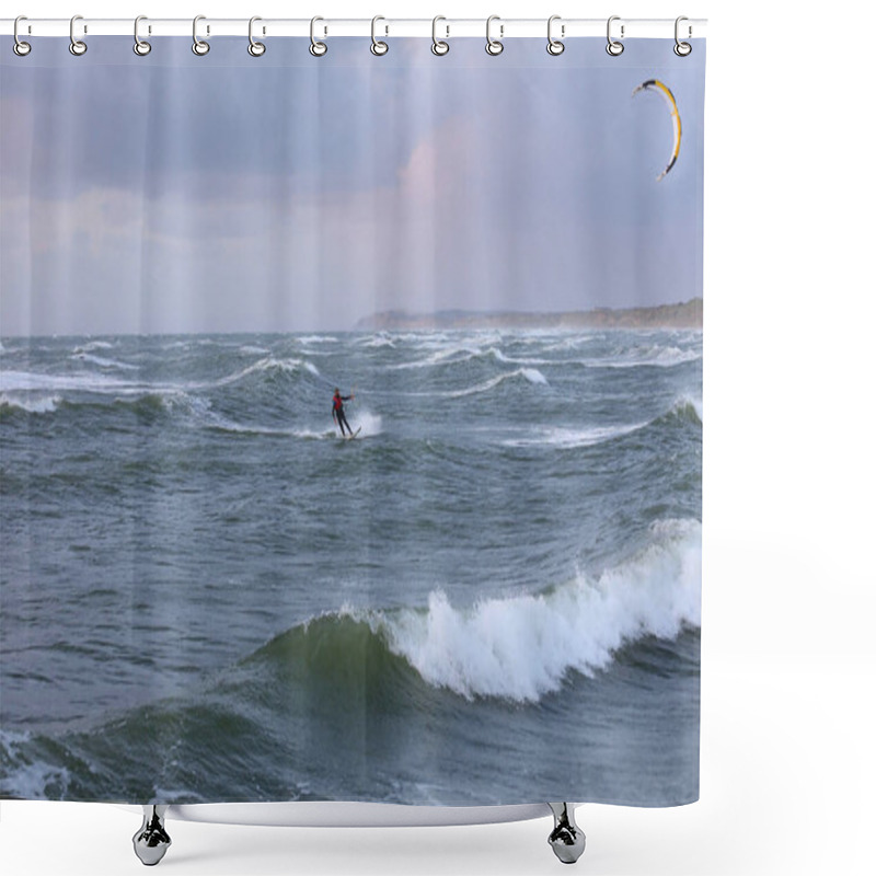 Personality  Athletic Person Kitesurfing On A Very Windy Day With High Waves In The Rough Sea Shower Curtains