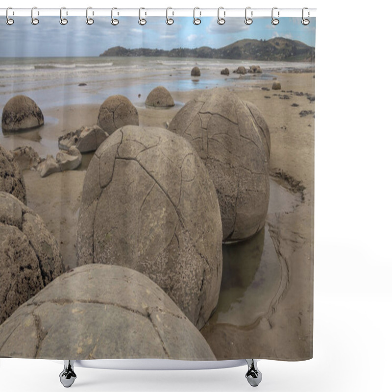 Personality  Large, Barnacle Encrusted, Spherical Boulders Sit On Sand Of Koekohe Beach On The South-eastern Coast Of New Zealand's South Island.  Small Tide Pools Have Formed In The Sand Around Them. Shower Curtains