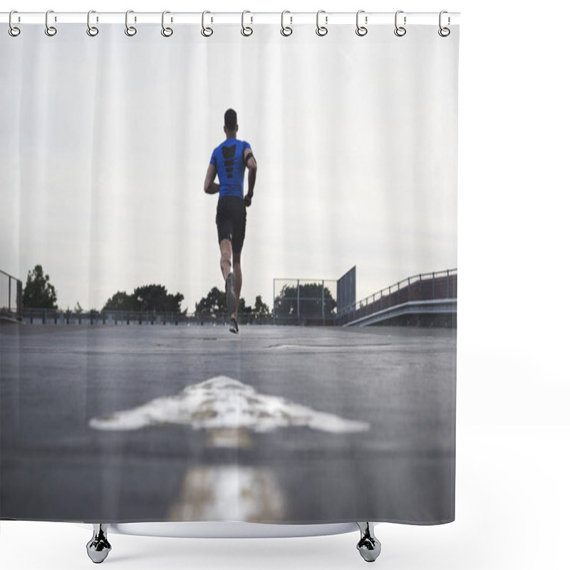 Personality  Male Athlete Running On A Road Away From Camera, Full Length Shower Curtains