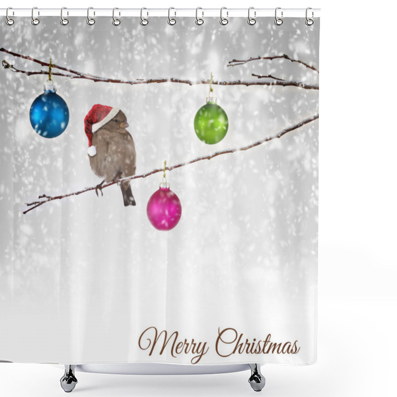 Personality  Christmas Balls And Sparrow Bird With Santa Claus Hat On Snowy Branch Shower Curtains