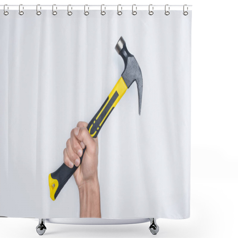 Personality  Cropped Shot Of Man Holding Hammer With Rubber Handle Isolated On White Shower Curtains