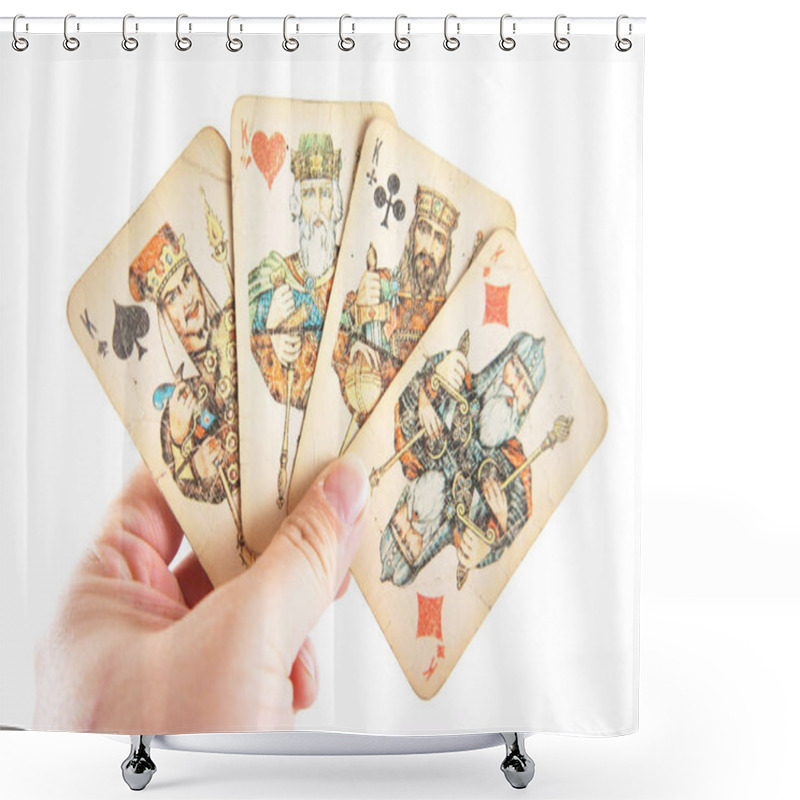 Personality  Vintage Playing Cards, Playing Cards, Four Kings, Kings In Hand, In Hand Playing Cards, Hand, Fingers,  White Background, Close-up, Many Playing Cards, Deck Of Cards, Soviet Vintage, USSR , Headstock Stock Image, Nostalgishop, Nostalgishop Imag Shower Curtains